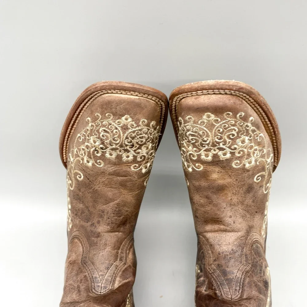 Corral Teen Size 4T Brown Leather Floral Embroidered Square Toe Western Boots